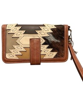 Catchfly Studio Brown Western Leather Pony Hair Patchwork Wallet Wristlet New